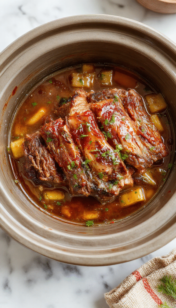 A hearty pot roast cooked in a slow cooker, served sliced on a rustic wooden table. The roast has a rich brown crust, surrounded by tender carrots, potatoes, and onions. The dish is garnished with fresh herbs, and the gravy is glossy and flavorful, highlighting the home-cooked appeal with warm, inviting colors and a cozy atmosphere.
