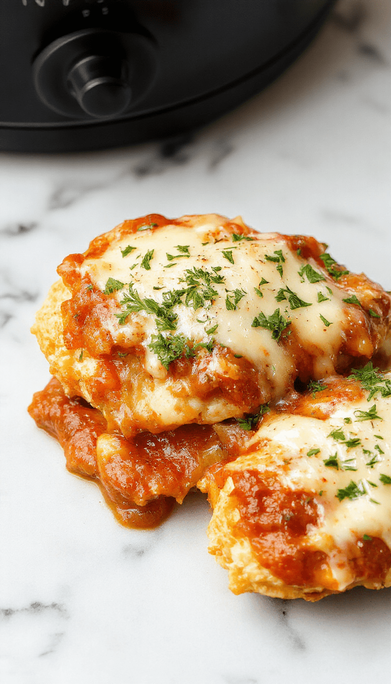 A beautifully plated Crock-Pot Chicken Parmesan dish featuring golden-brown breaded chicken breasts topped with melted mozzarella and marinara sauce, garnished with fresh basil, served on a white plate with a side of spaghetti, vibrant red sauce, crispy textures, and fresh herbs, styled for a cozy dinner setting.