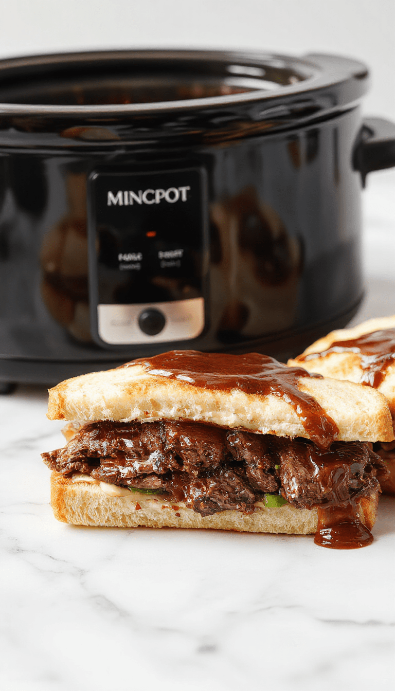 A close-up of tender sliced roast beef nestled in crusty French rolls, topped with melted cheese, served alongside a dipping bowl of rich au jus, all plated on a rustic wooden board with fresh herbs and a side of crispy chips, showcasing vibrant colors and textured details.