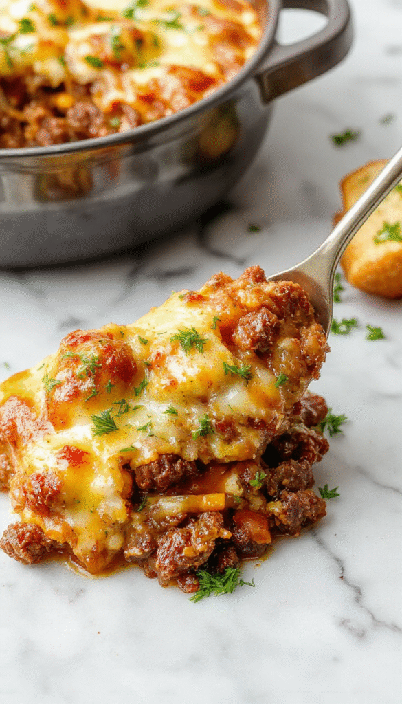 A colorful plate showcasing a hearty hobo casserole with seasoned ground beef, mixed vegetables, melted cheese on top, served in a rustic ceramic dish, with a fork and spoon on a wooden surface background
