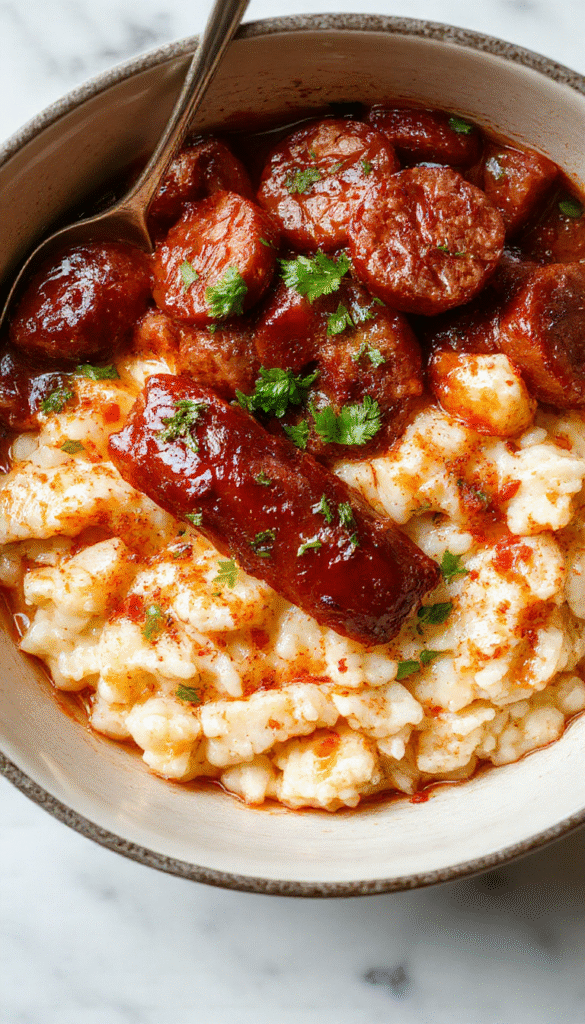 A vibrant plate of fluffy rice topped with sliced smoked sausage, garnished with chopped green onions and accompanied by colorful vegetables, styled on a rustic wooden table