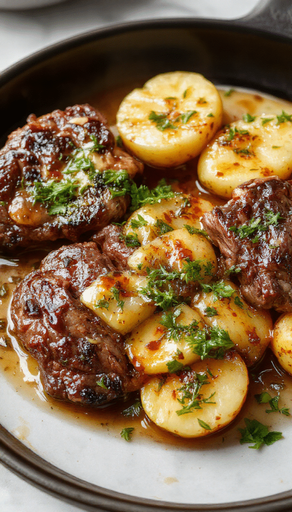 A vibrant skillet dish featuring perfectly seared steak slices topped with melted garlic butter, surrounded by crispy golden roasted potatoes sprinkled with fresh herbs, all presented on a rustic wooden platter with a side of green garnish, emphasizing textures from tender meat to crispy potatoes and glossy butter glaze.