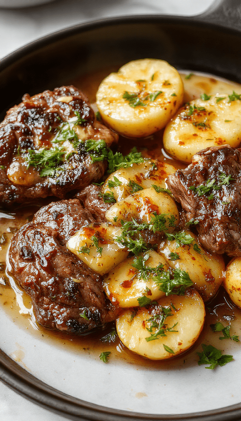 A vibrant skillet dish featuring perfectly seared steak slices topped with melted garlic butter, surrounded by crispy golden roasted potatoes sprinkled with fresh herbs, all presented on a rustic wooden platter with a side of green garnish, emphasizing textures from tender meat to crispy potatoes and glossy butter glaze.