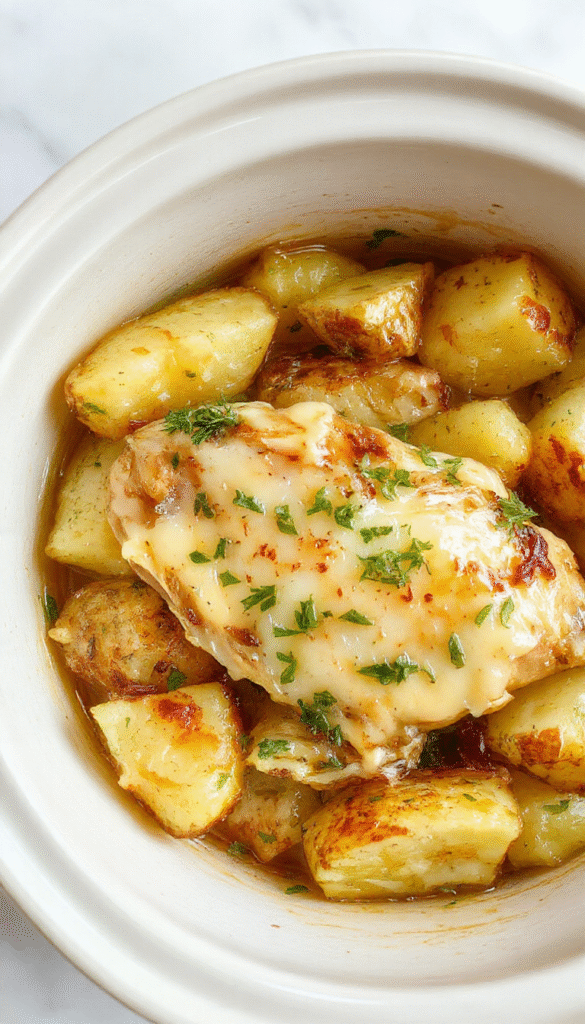 A beautifully plated dish featuring tender, golden-brown chicken breasts topped with melted Parmesan cheese and fresh herbs, surrounded by roasted crispy potatoes with garlic and herbs. The vibrant colors highlight the savory, cheesy aroma, with steam gently rising, creating an inviting and homey atmosphere.