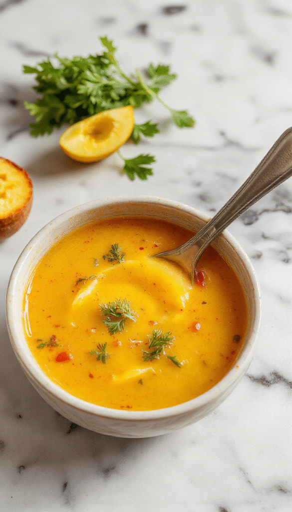 Vibrant bowl of golden turmeric chicken soup with tender shredded chicken pieces, fresh herbs, and colorful vegetables in a rustic white bowl on a wooden surface, steam rising, with a sprinkle of black pepper and turmeric on top, styled for a cozy, health-boosting meal