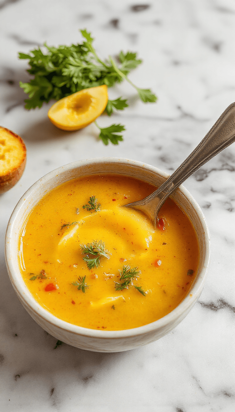 Vibrant bowl of golden turmeric chicken soup with tender shredded chicken pieces, fresh herbs, and colorful vegetables in a rustic white bowl on a wooden surface, steam rising, with a sprinkle of black pepper and turmeric on top, styled for a cozy, health-boosting meal