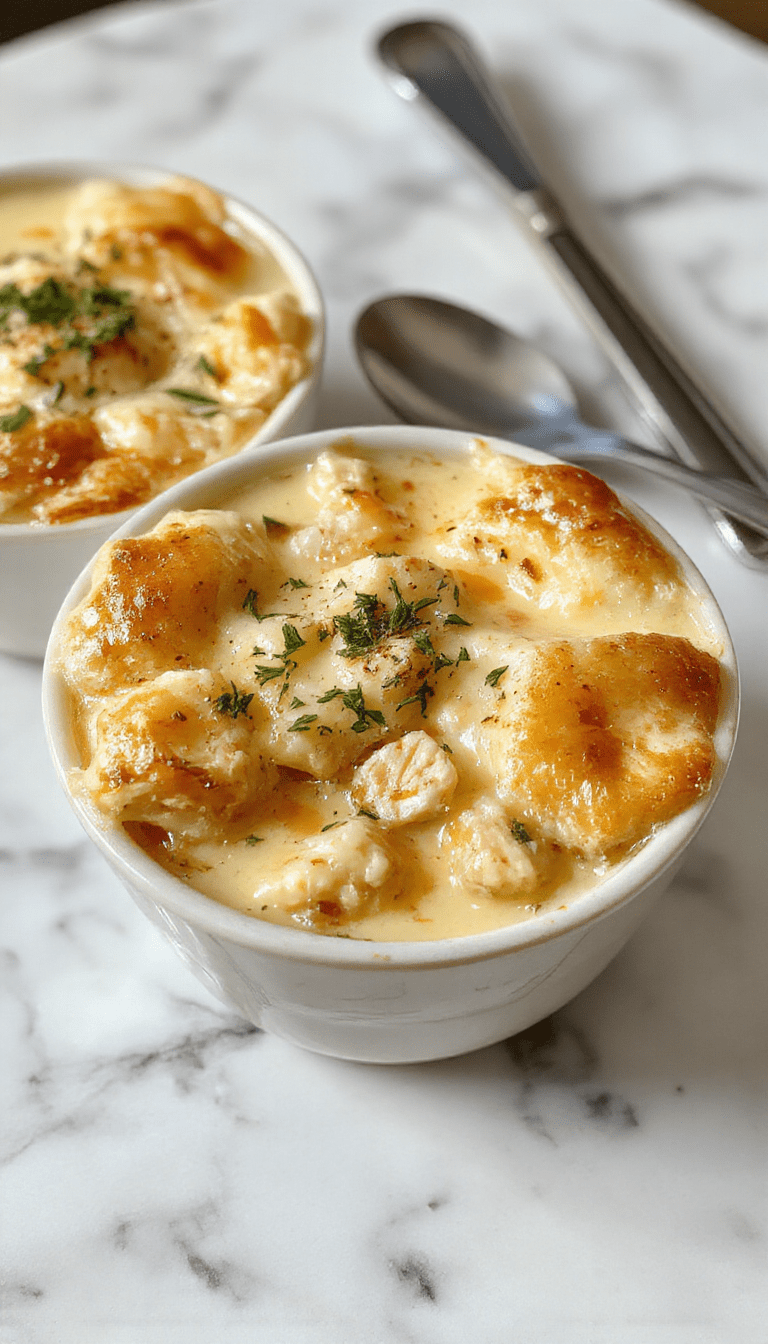 A vibrant bowl of healthy chicken pot pie soup featuring golden shredded chicken, tender vegetables like carrots and celery, topped with a crispy crust crumble, and garnished with fresh herbs, presented on a rustic wooden table with a spoon ready for serving