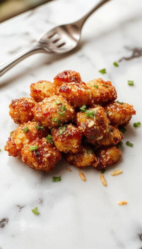 A vibrant plate of easy healthy sesame chicken featuring golden-brown glazed chicken pieces topped with toasted sesame seeds. The dish is beautifully plated on a white ceramic plate, garnished with chopped green onions and fresh vegetables in the background. The textures of crispy chicken contrasted with shiny sesame seeds highlight the dish's appealing color palette of golden, white, and green accents.