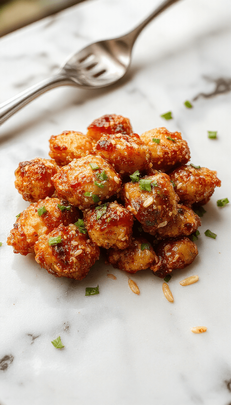 A vibrant plate of easy healthy sesame chicken featuring golden-brown glazed chicken pieces topped with toasted sesame seeds. The dish is beautifully plated on a white ceramic plate, garnished with chopped green onions and fresh vegetables in the background. The textures of crispy chicken contrasted with shiny sesame seeds highlight the dish's appealing color palette of golden, white, and green accents.