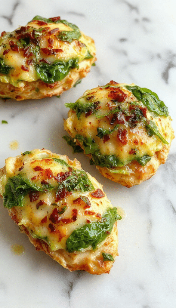 Colorful plate featuring juicy chicken breasts filled with vibrant green spinach and melted cheese, garnished with herbs on a rustic wooden table