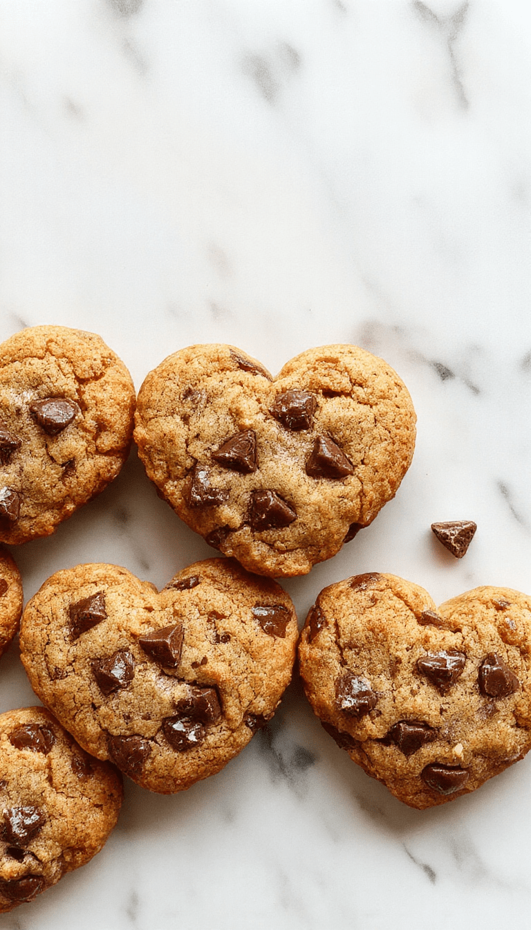 A close-up of adorable heart-shaped chocolate chip cookies arranged on a rustic wooden platter, golden-brown edges, gooey chocolate chips visible, with a soft blurred background of holiday decorations and a cozy ambiance