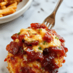 A delicious plate featuring tender grilled chicken topped with melted cheddar cheese, crispy bacon slices, and drizzled with rich BBQ sauce. The chicken is garnished with fresh herbs and served on a rustic wooden board, showcasing vibrant colors, gooey cheese, crispy bacon textures, and a glossy BBQ glaze. The background includes side dishes and condiments, creating an inviting, mouthwatering presentation.