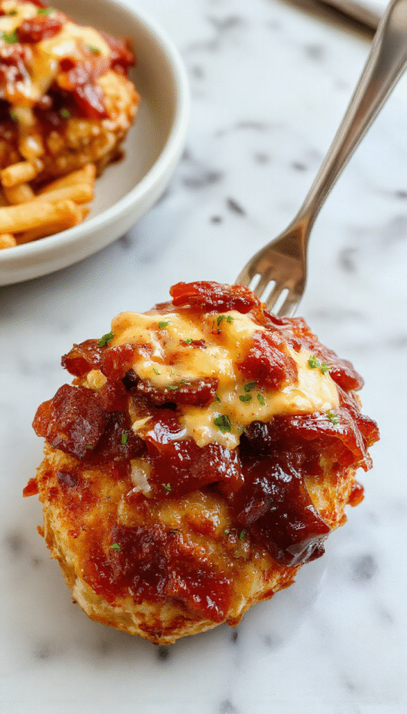 A delicious plate featuring tender grilled chicken topped with melted cheddar cheese, crispy bacon slices, and drizzled with rich BBQ sauce. The chicken is garnished with fresh herbs and served on a rustic wooden board, showcasing vibrant colors, gooey cheese, crispy bacon textures, and a glossy BBQ glaze. The background includes side dishes and condiments, creating an inviting, mouthwatering presentation.