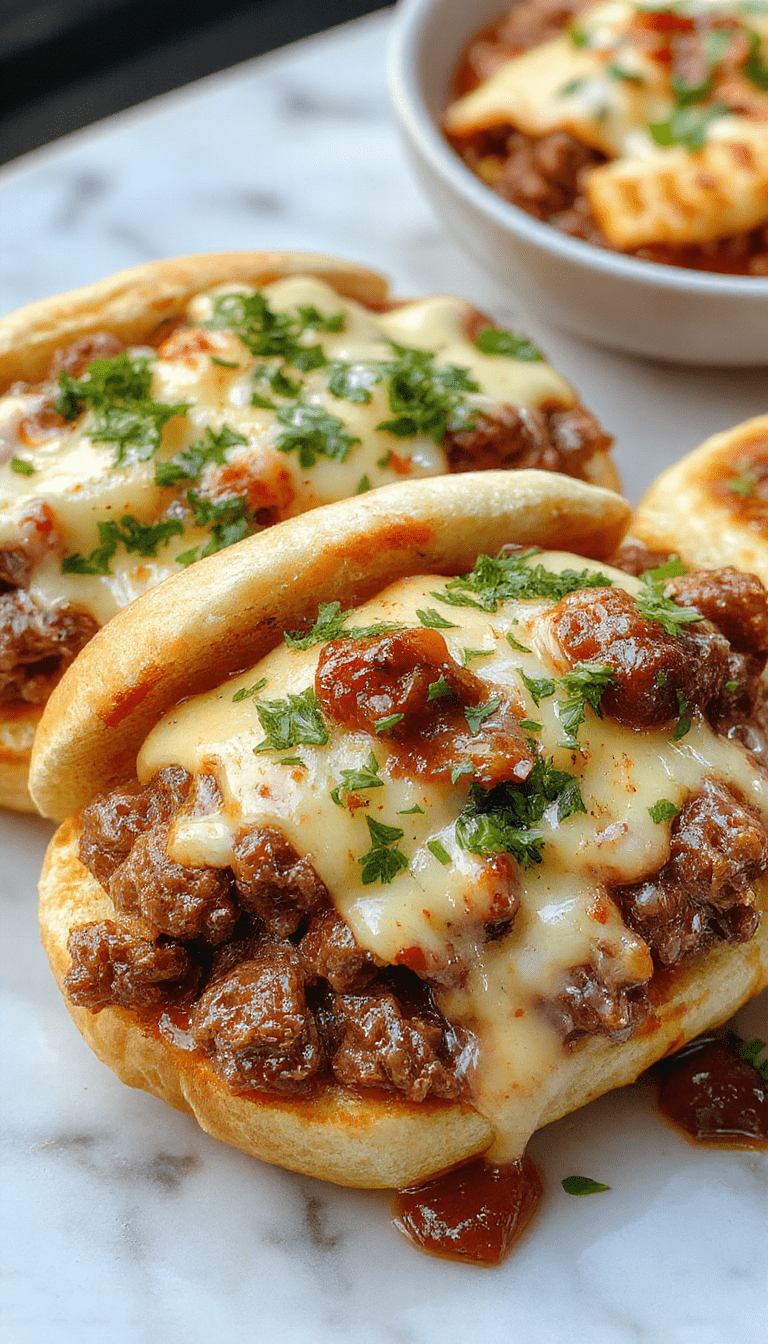 A close-up of a hearty Philly Cheesesteak Sloppy Joes served in a rustic bun, topped with melted cheese, caramelized onions, and colorful bell peppers, with a messy, flavorful filling spilling out, inviting comfort food appeal.