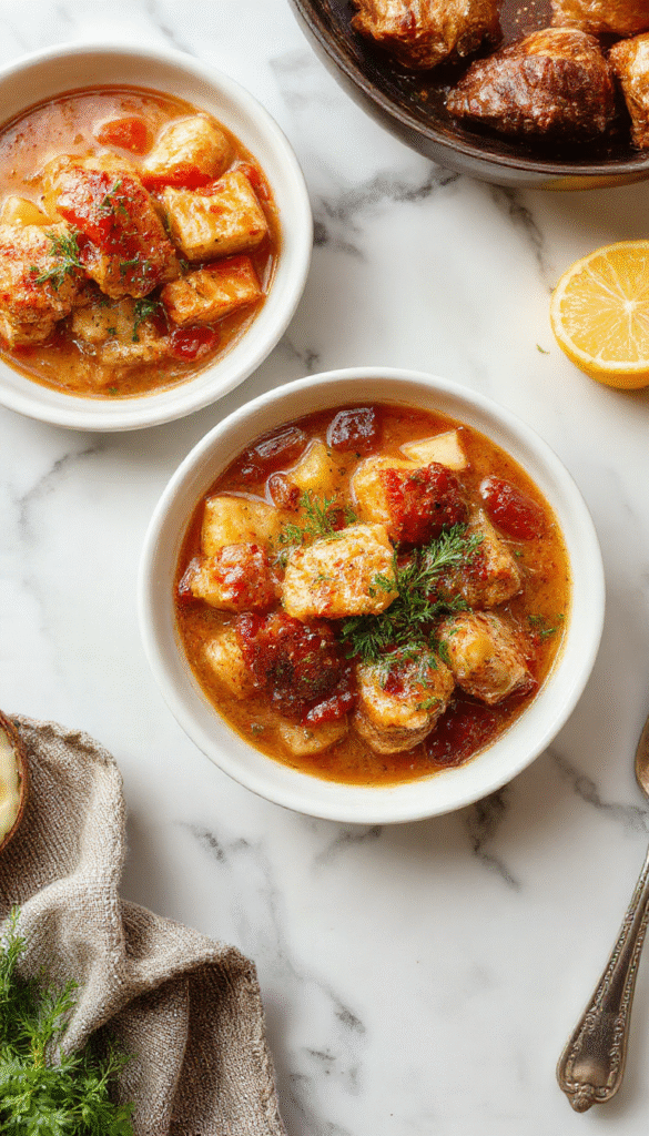 A rustic bowl of slow cooker chicken stew featuring tender shredded chicken, vibrant carrots, potatoes, and peas in a rich, steaming broth, garnished with fresh herbs, set on a wooden table with warm lighting emphasizing the hearty, comforting textures.