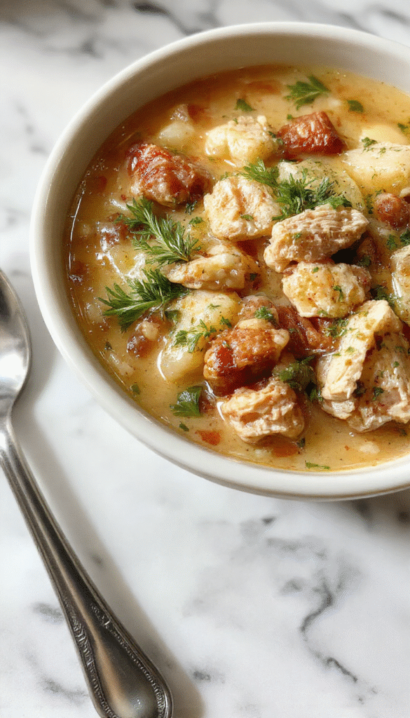 A warm bowl of chicken and wild rice soup garnished with chopped herbs, served on a rustic wooden table with a spoon and fresh bread on the side, steam rising from the creamy, hearty soup with visible chunks of chicken, wild rice, and vegetables.