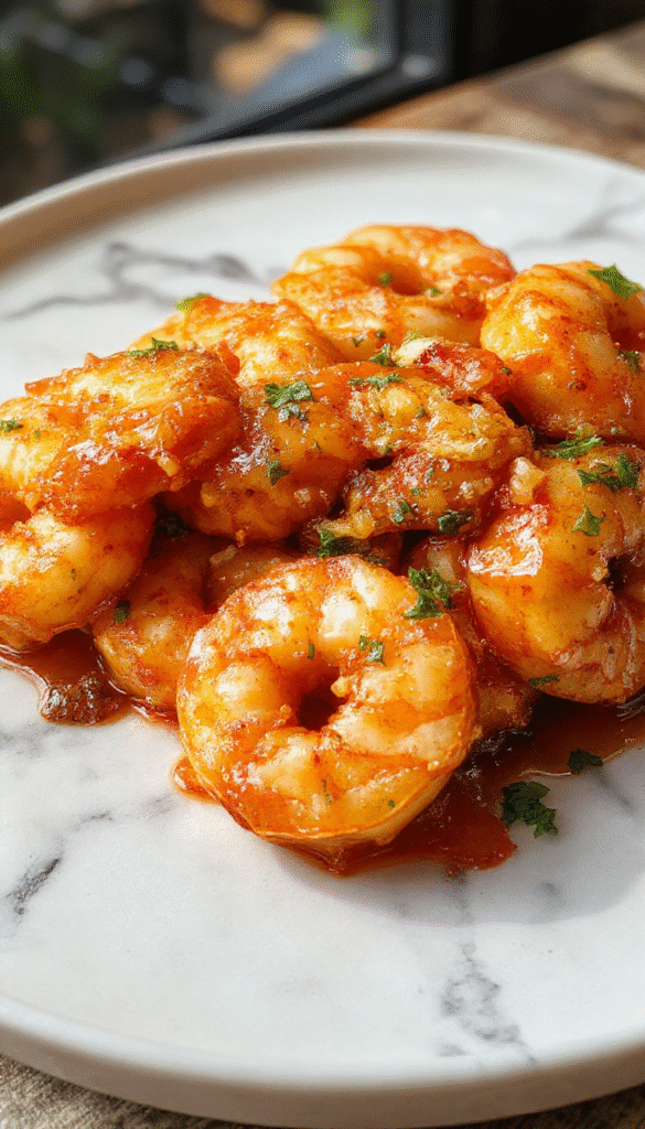 A vibrant plate of golden-brown shrimp coated in glossy honey garlic sauce, garnished with green cilantro leaves, served on a rustic white plate with a side of steamed vegetables, set against a wooden table background with decorative herbs.