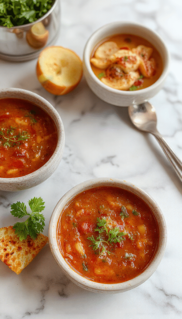 A vibrant bowl of homemade tomato soup garnished with fresh basil leaves, served with crusty bread on a rustic wooden table, highlighting the rich red color, smooth texture, and fresh herbs.