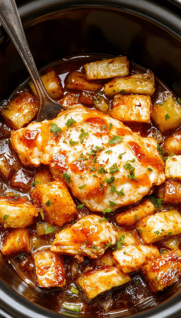 A vibrant dish featuring golden-brown shredded chicken coated in glossy honey garlic sauce, surrounded by colorful roasted vegetables on a rustic plate, with fresh herbs sprinkled on top and steam gently rising, set against a light wooden background.