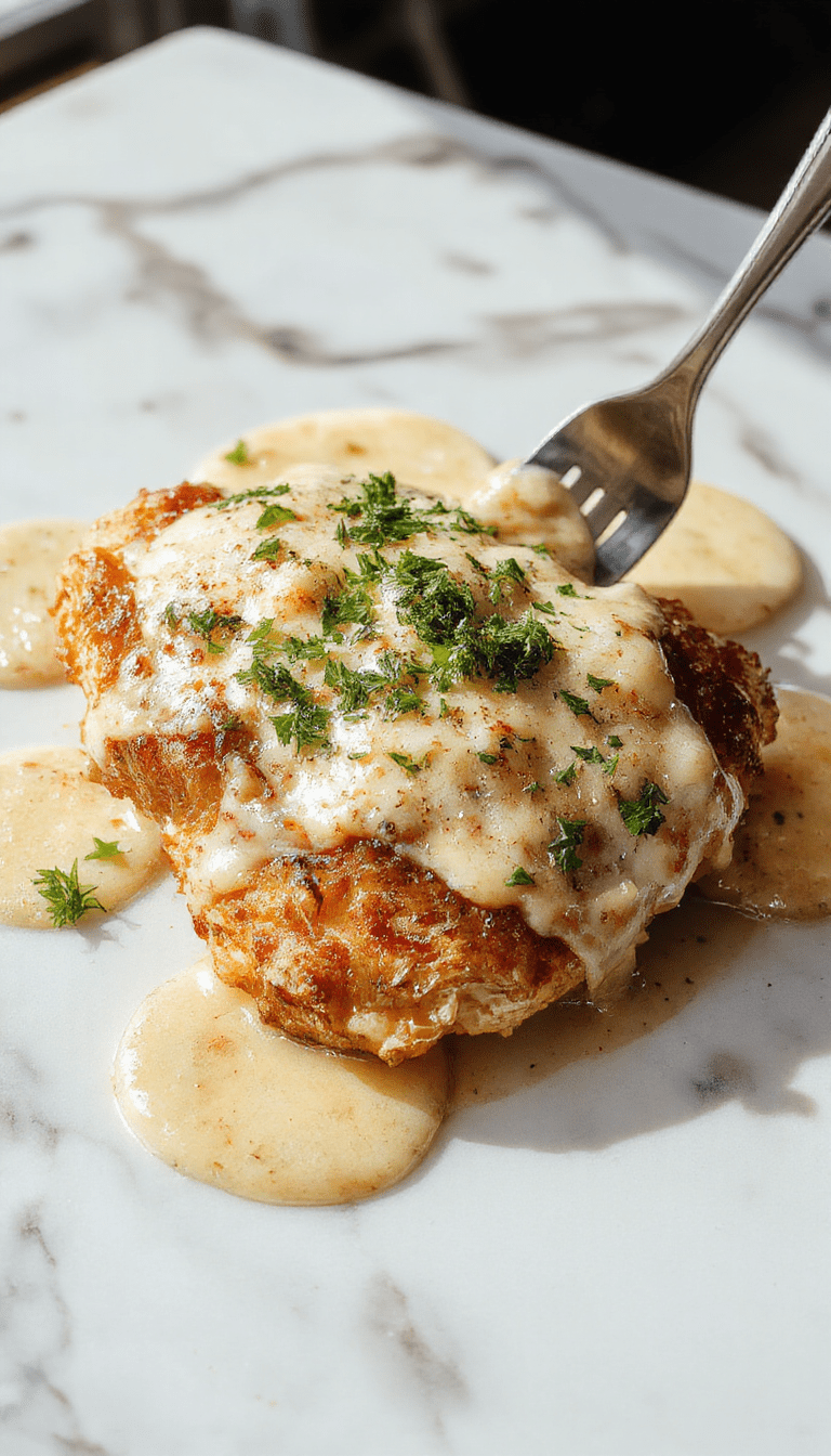 A close-up of a juicy, tender chicken breast topped with rich creamy Parmesan sauce, garnished with fresh herbs, served on a rustic white plate with a smooth, velvety texture and vibrant green parsley, against a warm wooden background.