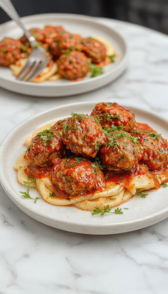 A close-up of perfectly browned Italian meatballs garnished with fresh herbs, served on a rustic plate with a side of pasta and marinara sauce, with a soft-focus background of a cozy kitchen setting.
