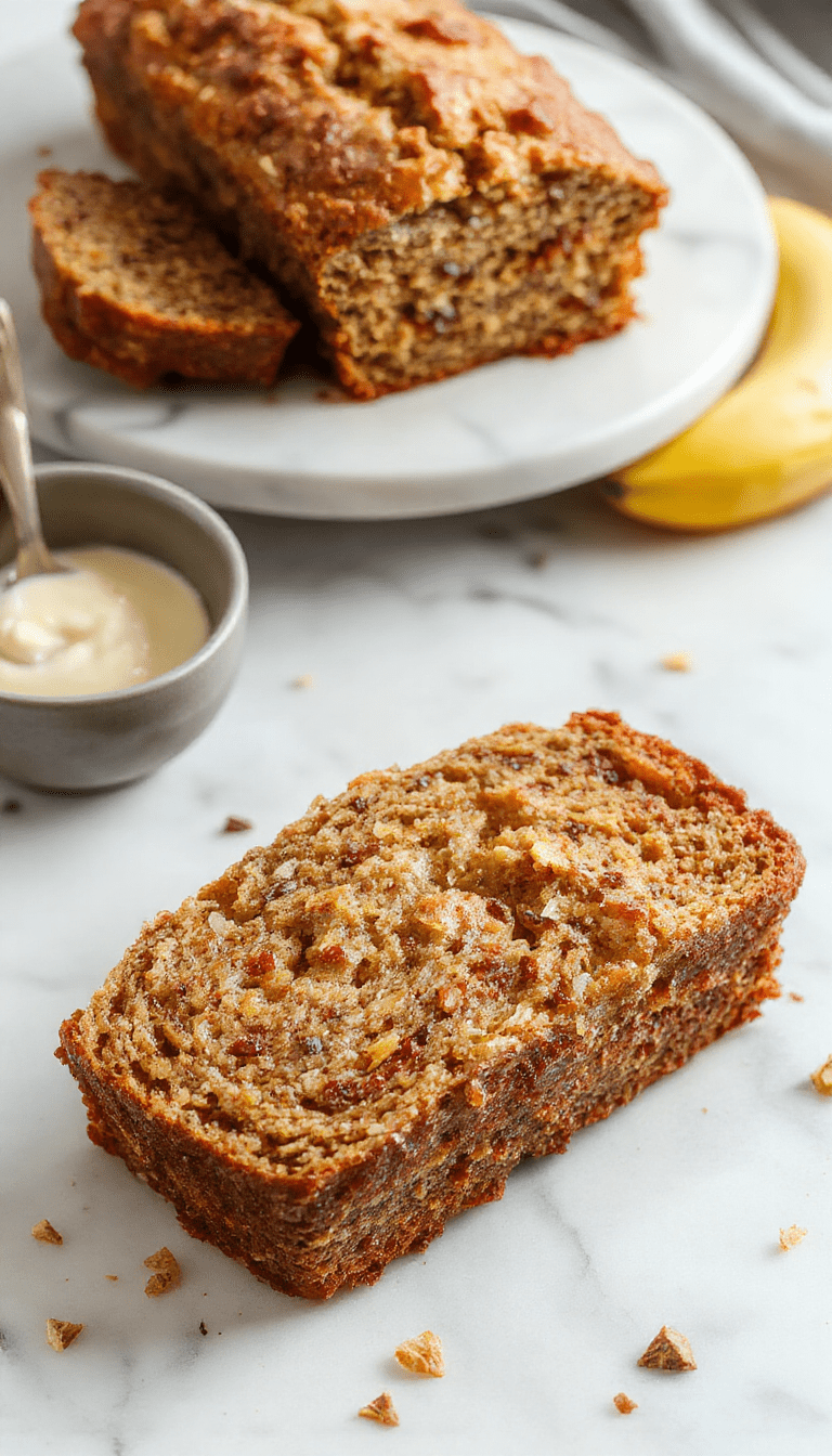 A slice of moist banana bread with a golden brown crust, topped with a pat of melting butter and garnished with banana slices and a sprinkle of cinnamon, presented on a rustic wooden plate with a soft-focus background.