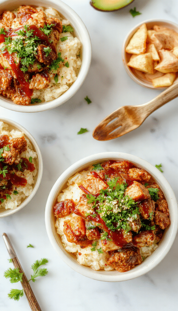Colorful ground turkey teriyaki rice bowls featuring glossy glazed turkey atop fluffy white rice, garnished with chopped green onions and sesame seeds, with vibrant stir-fried vegetables on a rustic wooden plate.