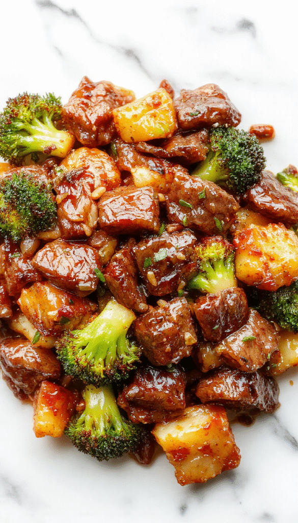A glossy plate of Chinese beef and broccoli stir-fry showcasing tender beef slices coated in savory sauce, vibrant green broccoli florets, sesame seeds sprinkled on top, and garnished with chopped green onions, arranged on a rustic wooden serving board with chopsticks beside.