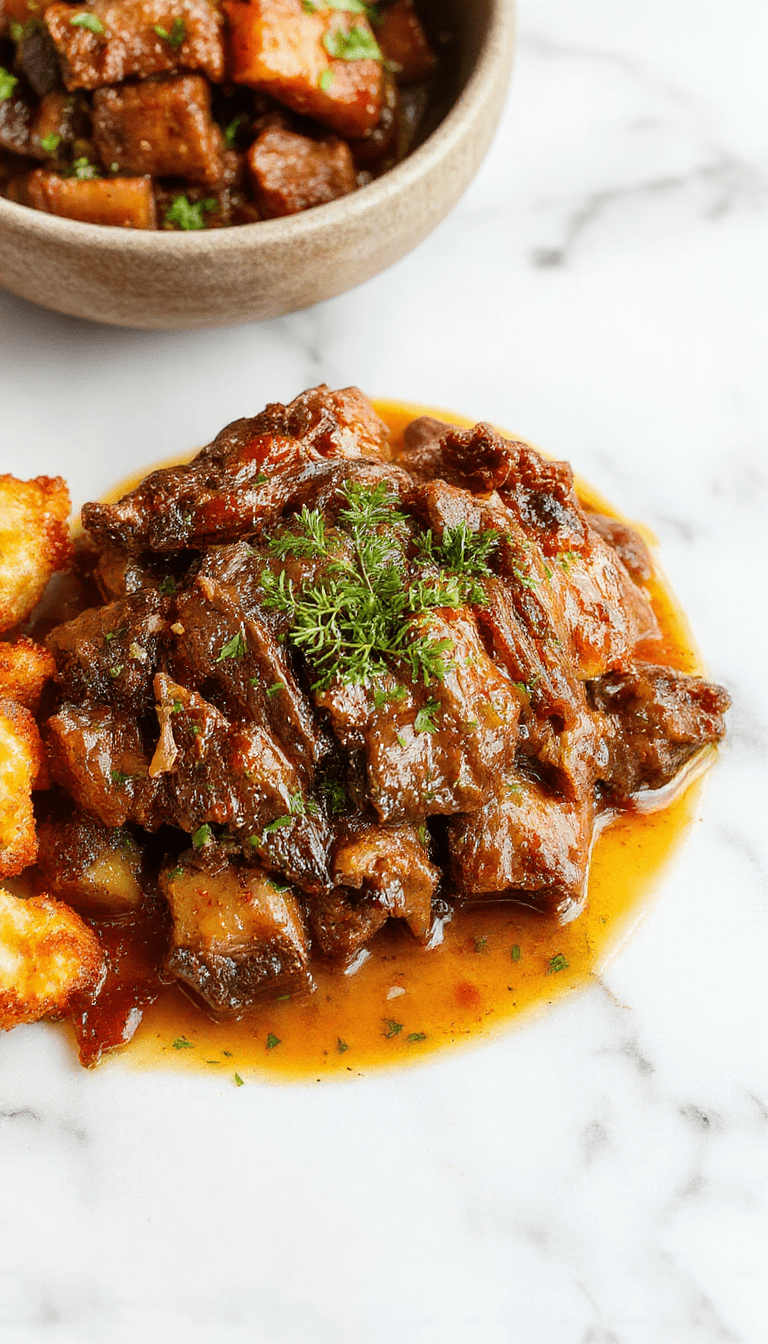 A close-up of a hearty Mississippi Pot Roast served on a rustic plate, featuring tender shredded beef in a rich gravy with visible herbs and vegetables, garnished with fresh parsley on a wooden table with a warm, inviting ambiance.