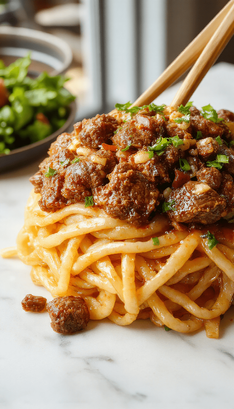 A vibrant plate of Mongolian ground beef noodles featuring tender minced beef atop a bed of glossy, stir-fried noodles. The dish is garnished with chopped scallions and sesame seeds, presented on a rustic white plate. The background showcases a wooden table with chopsticks and a small bowl of soy sauce, highlighting the savory, colorful, and textured appearance of the dish.