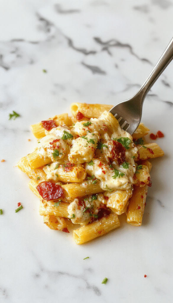 Colorful plate of Southwest Alfredo Penne Pasta featuring tender penne coated in rich, creamy sauce with vibrant red and green peppers, black beans, and melted cheese garnished with fresh cilantro, served on a white ceramic plate with a rustic wooden table background.