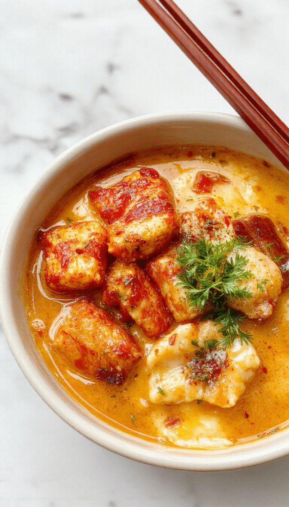 A steaming bowl of spicy chicken ramen topped with vibrant green scallions, crispy chicken slices, and a rich, creamy garlic sauce drizzled over chewy noodles, all in a rustic white bowl on a wooden table with chili flakes and garlic cloves scattered around.