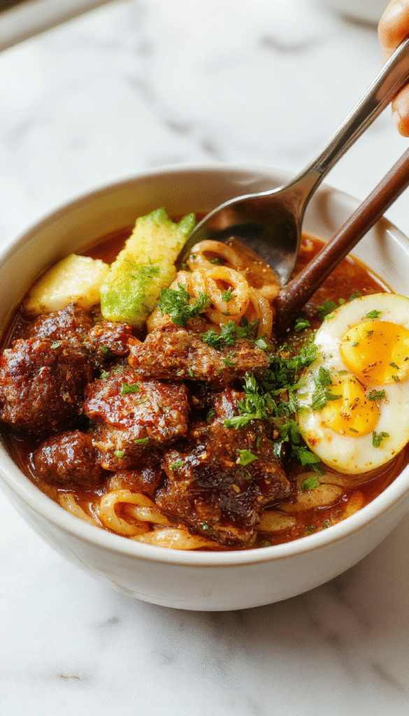 A vibrant bowl of cumin lamb noodles featuring finely sliced lamb coated in a rich, spicy cumin sauce, topped with chopped green herbs and sesame seeds. The noodles are glossy and perfectly cooked, arranged on a white plate with colorful garnishes and a rustic wooden background, evoking a flavorful and inviting Asian-inspired dish.