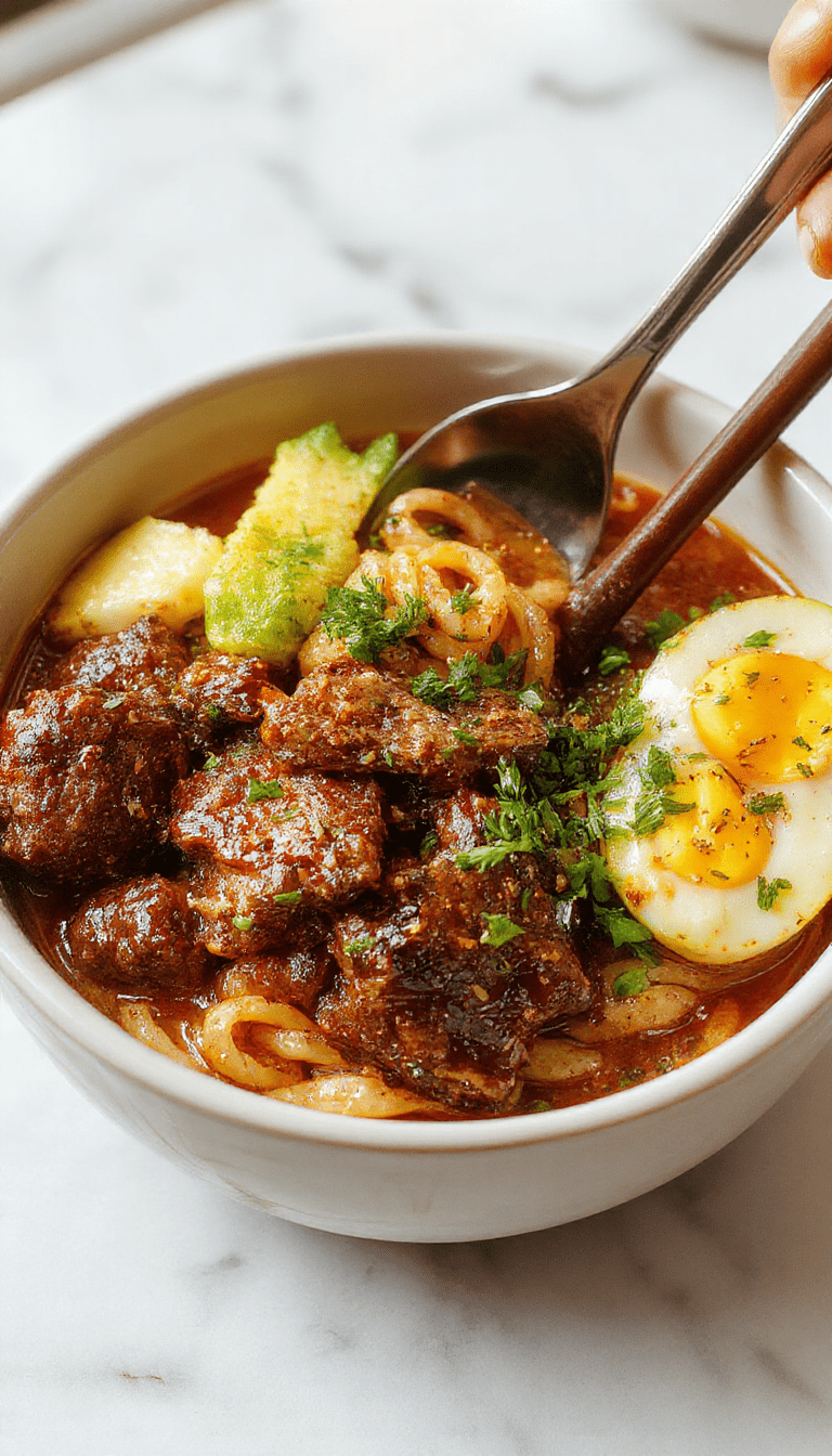 A vibrant bowl of cumin lamb noodles featuring finely sliced lamb coated in a rich, spicy cumin sauce, topped with chopped green herbs and sesame seeds. The noodles are glossy and perfectly cooked, arranged on a white plate with colorful garnishes and a rustic wooden background, evoking a flavorful and inviting Asian-inspired dish.