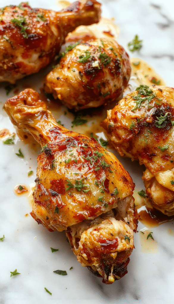 A close-up of golden-brown baked chicken legs arranged neatly on a rustic wooden platter, garnished with fresh herbs and served with vibrant roasted vegetables on the side, showcasing crispy skin and tender meat.
