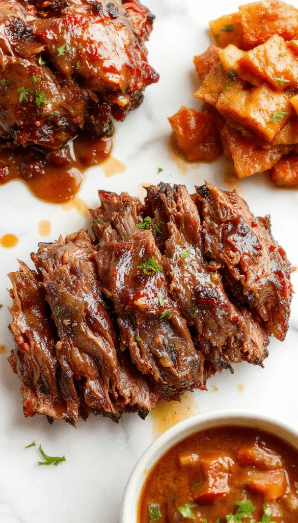 A beautifully plated beef brisket meal featuring tender, juicy slices of beef with a rich glaze, garnished with fresh herbs on a rustic wooden table, accompanied by side vegetables with a smoky, savory appearance.