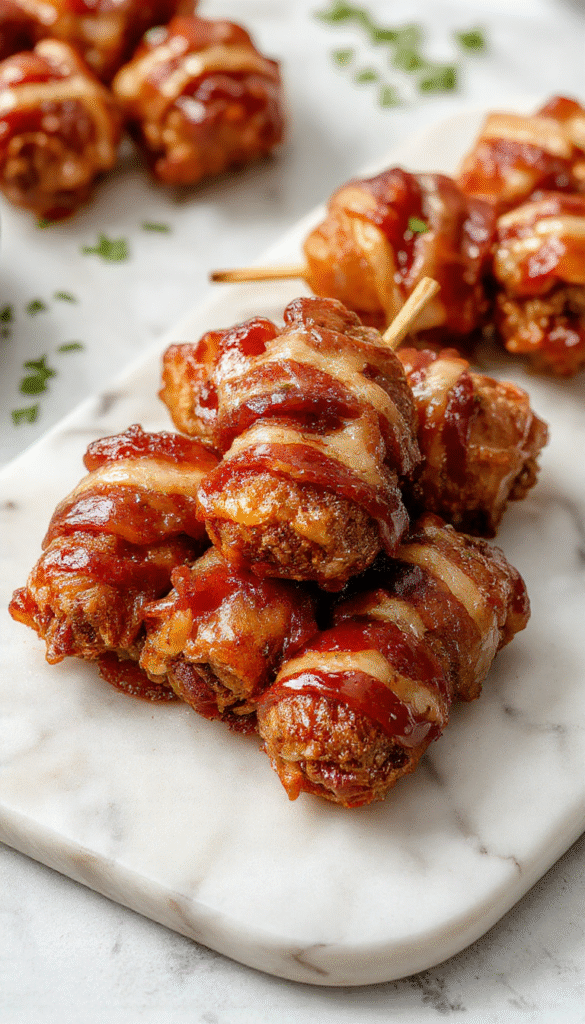 Colorful close-up of bacon wrapped smokies glazed with brown sugar on a white platter, garnished with toothpicks and fresh herbs, showcasing glossy caramelized surfaces and crispy bacon, styled for a festive party setting.