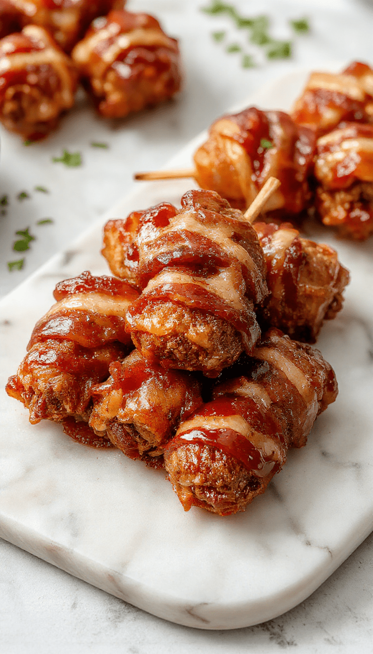 Colorful close-up of bacon wrapped smokies glazed with brown sugar on a white platter, garnished with toothpicks and fresh herbs, showcasing glossy caramelized surfaces and crispy bacon, styled for a festive party setting.