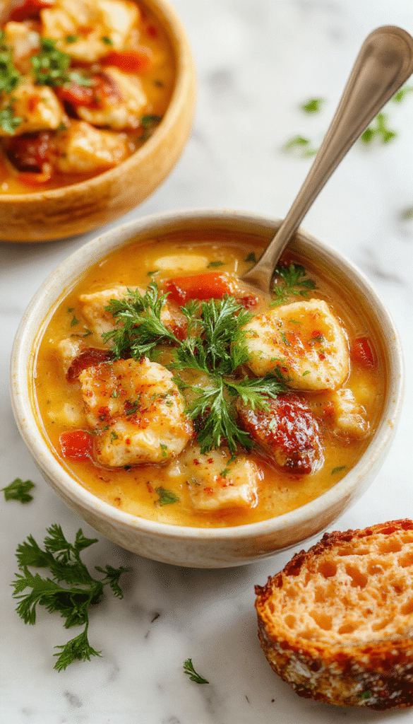 A steaming bowl of vibrant Tuscan chicken soup with tender shredded chicken, colorful vegetables, and fresh herbs on a rustic white plate, with a spoon resting beside. The soup has a golden broth and is garnished with chopped parsley, offering a comforting and inviting appearance.