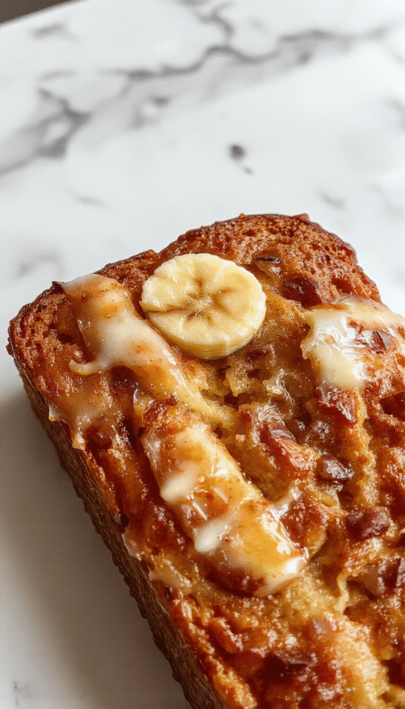 A golden-brown banana bread slice topped with a pat of melting butter, placed on a rustic wooden plate with a few ripe bananas and a sprig of mint nearby, natural light highlighting the moist texture and inviting aroma through the warm, cozy setting.