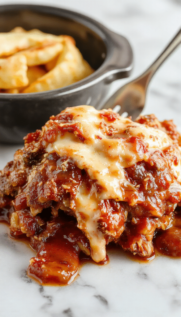 Colorful plate showcasing tender shredded BBQ chicken coated in rich, glossy sauce, garnished with fresh herbs, served alongside creamy mashed potatoes and vibrant steamed vegetables, styled simply on a rustic wooden table.