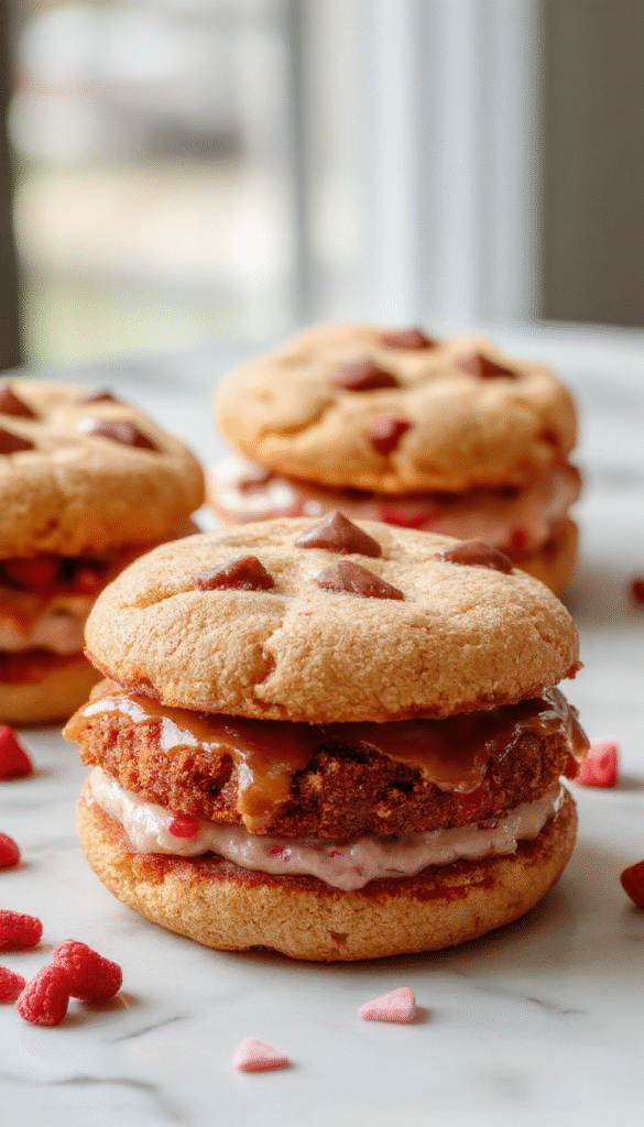 A close-up of two beautifully assembled Valentine's Day cookie sandwiches with pink and red frosting, heart-shaped sprinkles, and a creamy filling, arranged on a white plate with pastel-colored background and soft lighting highlighting the textures and vibrant colors.