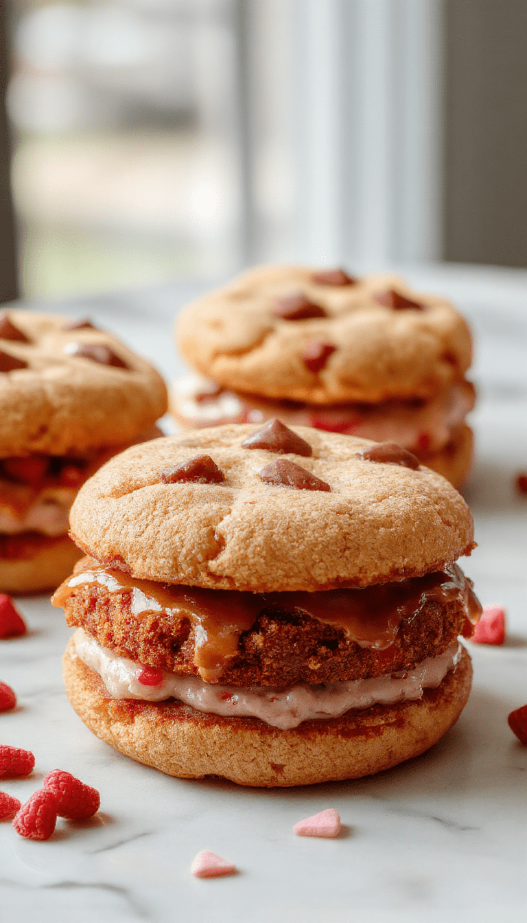 A close-up of two beautifully assembled Valentine's Day cookie sandwiches with pink and red frosting, heart-shaped sprinkles, and a creamy filling, arranged on a white plate with pastel-colored background and soft lighting highlighting the textures and vibrant colors.