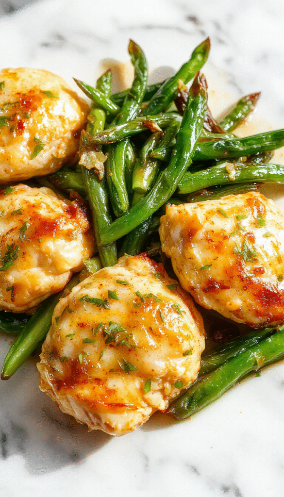 A plate featuring golden-brown chicken thighs glazed with lemon garlic butter, garnished with fresh herbs, alongside vibrant green beans with a slight crisp texture, all set on a rustic wooden table with a lemon wedge and garlic cloves for decoration.